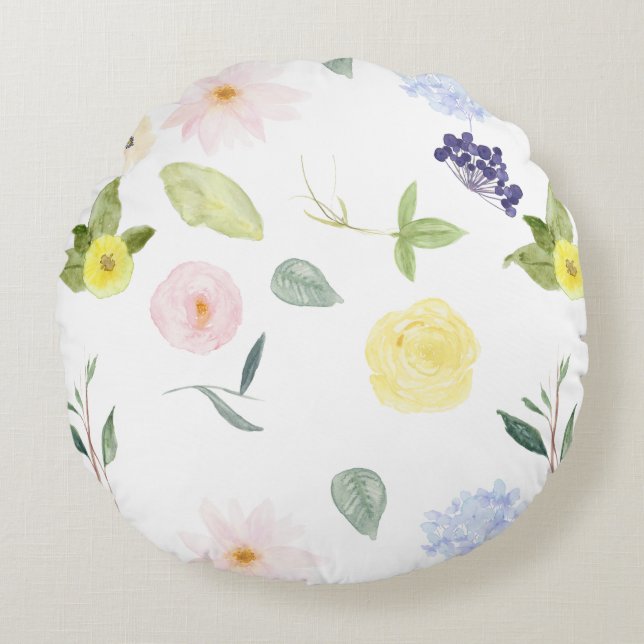 Pink Yellow Watercolor Floral Round Pillow (Front)