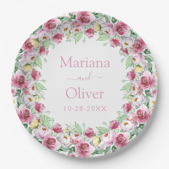 Pink Yellow Watercolor Floral Wedding Paper Plate (Front)