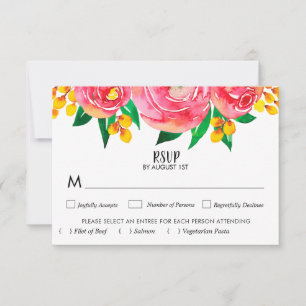 Pink Yellow Watercolor Floral Wedding RSVP Cards