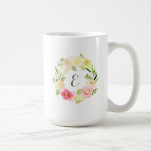 Pink & Yellow Watercolor Floral Wreath   Monogram Coffee Mug