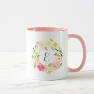 Pink & Yellow Watercolor Floral Wreath Monogram Mug