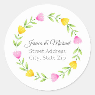 Pink, Yellow Watercolor Flower Wreath Labels