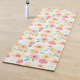 Pink Yellow Watercolor Flowers Yoga Mat