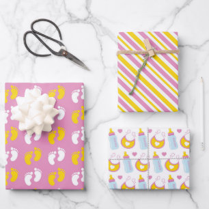 PINK YELLOW WHITE CUTE BABY GIRL ITEMS WRAPPING PAPER SHEET