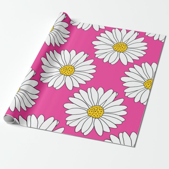 Pink Yellow White Daisy Pattern Wrapping Paper (Unrolled)