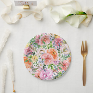 Pink Yellow White Orange Rose Flowers Pattern Paper Plate