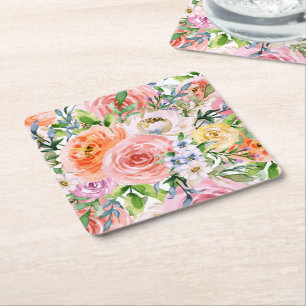 Pink Yellow White Orange Rose Flowers Pattern Square Paper Coaster