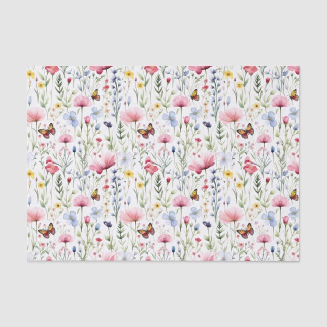 Pink Yellow Wildflowers Butterfly Birthday  Tissue Paper (Front)