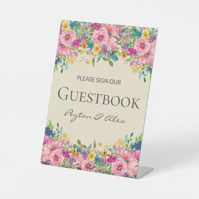 Pink Yellow Wildflowers Wedding Sign our Guestbook (Front)