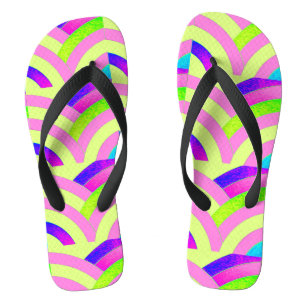 pink yellow zigzag curved chevron pattern flip flops