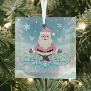 Pink Yoga Santa Meditation Christmas Glass Ornament