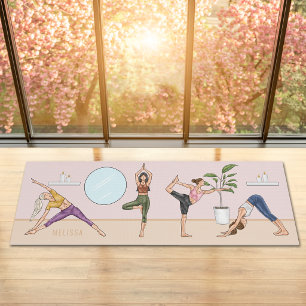 Pink Yoga Studio Women In Different Poses And Name Mat
