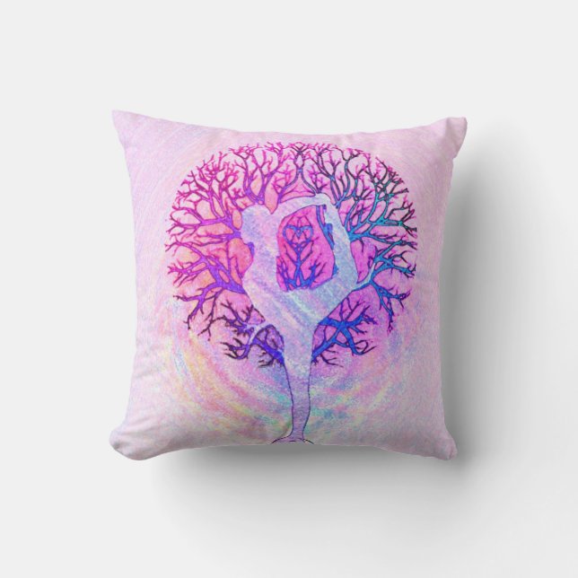 Pink Yoga Tree Woman in Pastel Colours Throw Pillow (Front)