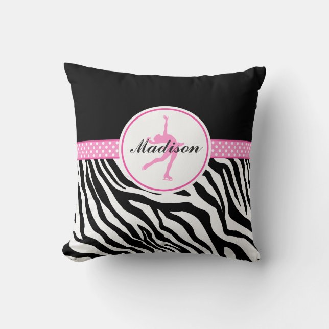 Pink Your Name Zebra Print Figure Skating Throw Pillow (Front)