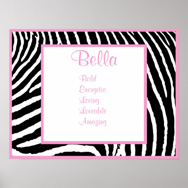 Pink Zebra Any Name Wall Art Print Poster (Front)