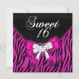 Pink Zebra Black Sweet Sixteen Sweet 16 Birthday Invitation