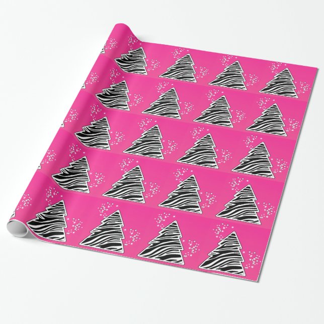 Pink Zebra Christmas Tree Wrapping Paper (Unrolled)