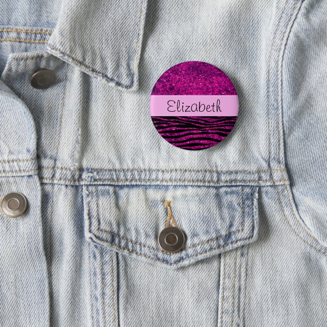 Pink Zebra, Glitter Zebra, Zebra Print, Your Name 2 Inch Round Button (In Situ)
