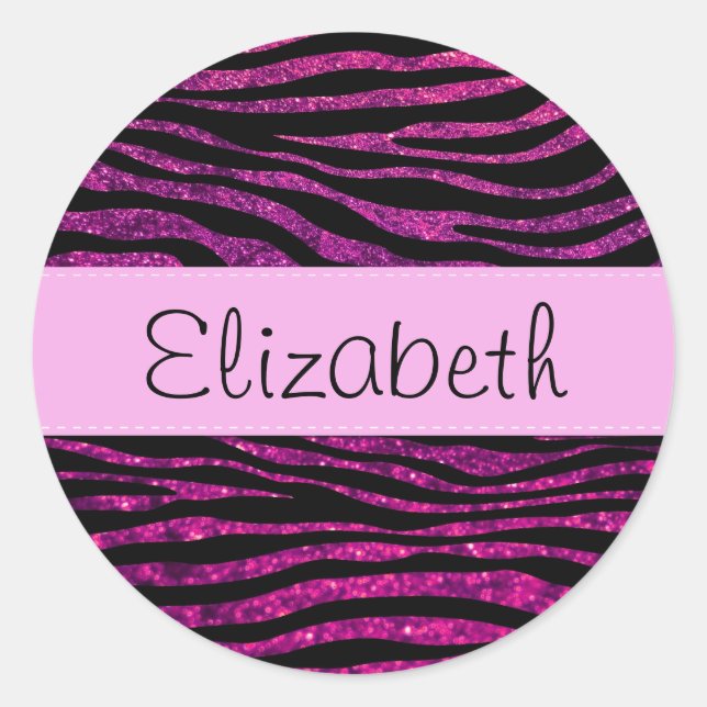 Pink Zebra, Glitter Zebra, Zebra Print, Your Name Classic Round Sticker (Front)