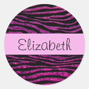 Pink Zebra, Glitter Zebra, Zebra Print, Your Name Classic Round Sticker
