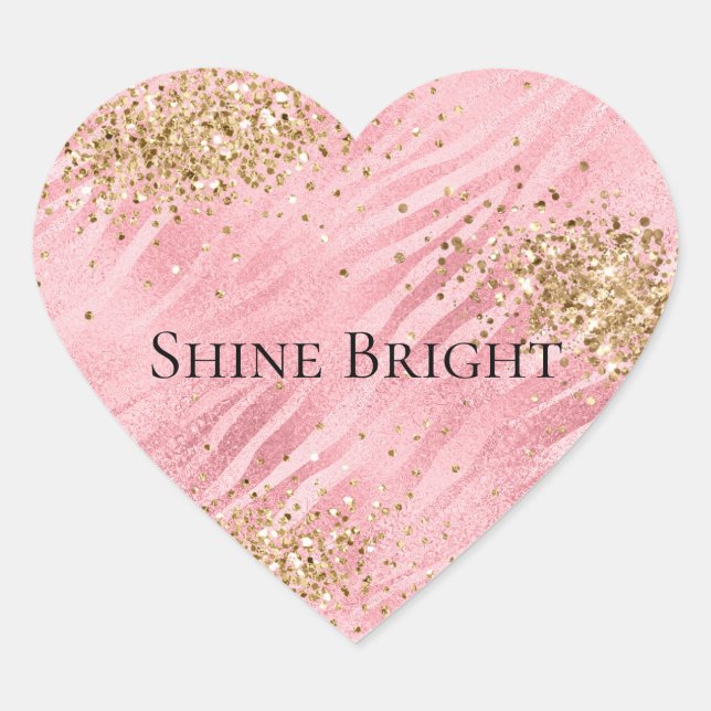 Pink Zebra Gold Glitzy Glitter  Heart Sticker (Front)