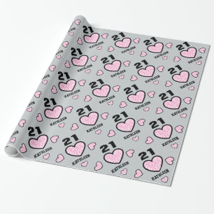 Pink Zebra HEARTS Modern 21st Birthday V03N1A Wrapping Paper