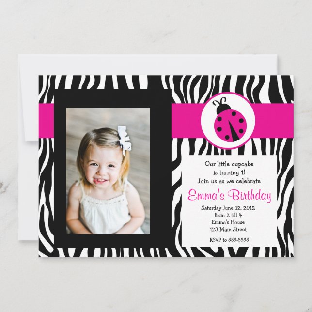 Pink Zebra Lady Bug Birthday Invitation (Front)