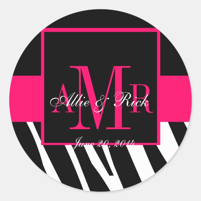 Pink Zebra Monogram Names Wedding Favour Labels (Front)