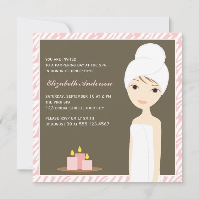 Pink Zebra Pattern Spa Bridal Shower Invitation (Front)