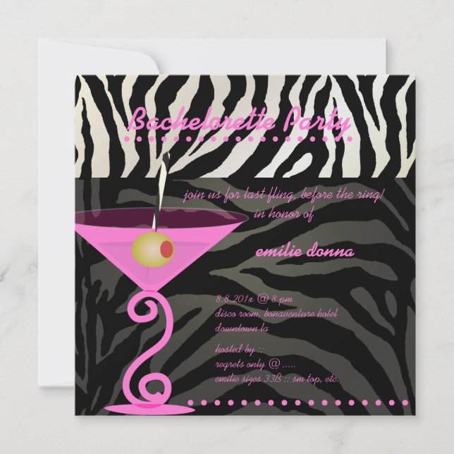 Pink Zebra/pink martini Bachelorette Party Invitation (Front)