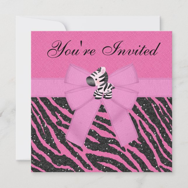 Pink Zebra, Princess Crowns & Animal Print Glitter Invitation (Front)