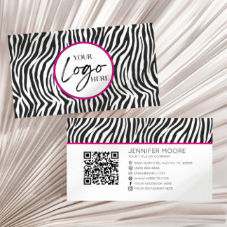 Pink Zebra Print Custom Company Logo QR Code Business Card
