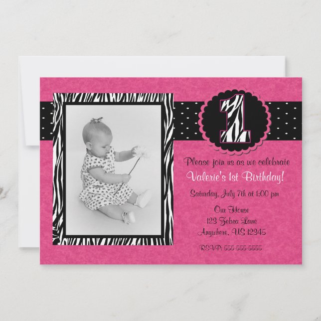 Pink Zebra Print Girls 1st Birthday Invitation (Front)