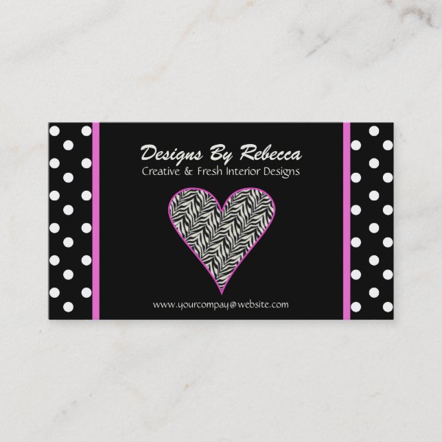 Pink Zebra Print Heart  & Polka Dots Business Card (Front)