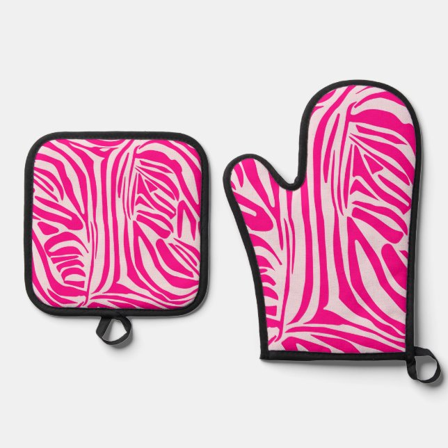 Pink zebra print oven mitt & pot holder set (Front)
