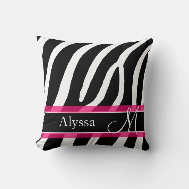 Pink Zebra Print Personalized Throw Pillow (Front)