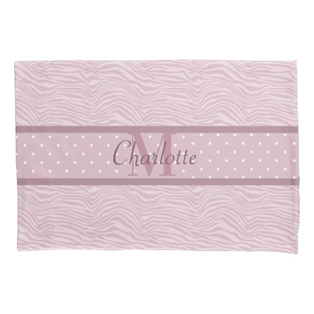 Pink Zebra Print & Polka Dots Monogrammed Pillowcase (Front)