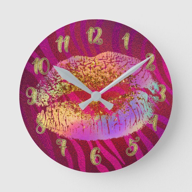 Pink Zebra Print Rainbow Glitter Lips Kiss Custom Round Clock (Front)