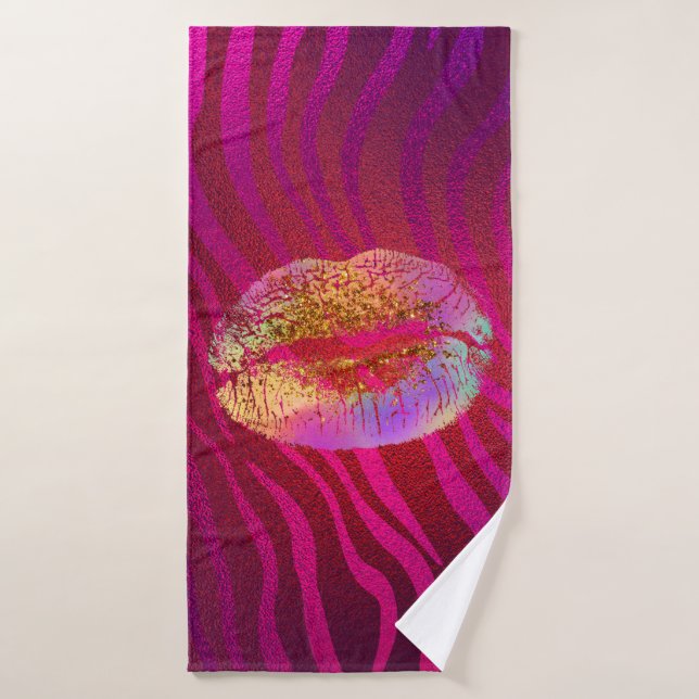 Pink Zebra Print Rainbow Gold Glitter Lips Kiss Bath Towel Set (Bath Towel)