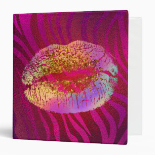 Pink Zebra Print Rainbow Gold Glitter Lips Kiss Binder