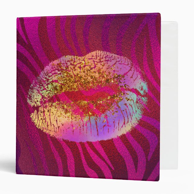 Pink Zebra Print Rainbow Gold Glitter Lips Kiss Binder (Front/Inside)