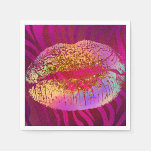 Pink Zebra Print Rainbow Gold Glitter Lips Party Napkin