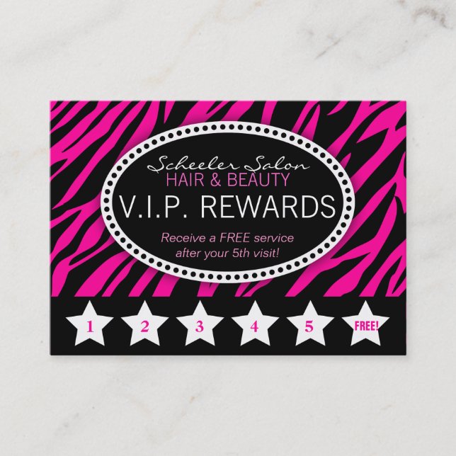 Pink Zebra Print Salon Loyalty Rewards Card (Front)