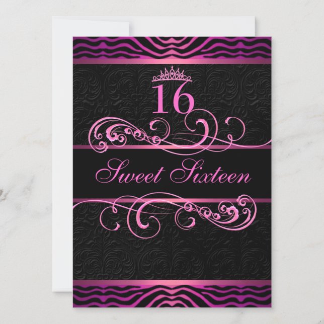 Pink Zebra Print & Swirl Sweet16 Birthday Invite (Front)