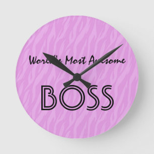 Pink Zebra Print World's Most Awesome BOSS Gift Round Clock