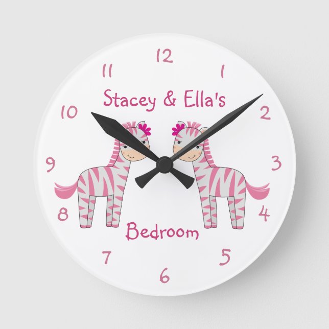 Pink Zebra Sisters Personalized Shared Bedroom Round Clock (Front)