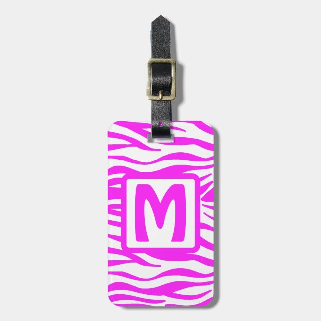 Pink Zebra Squared Monogram Luggage Tag (Front Vertical)