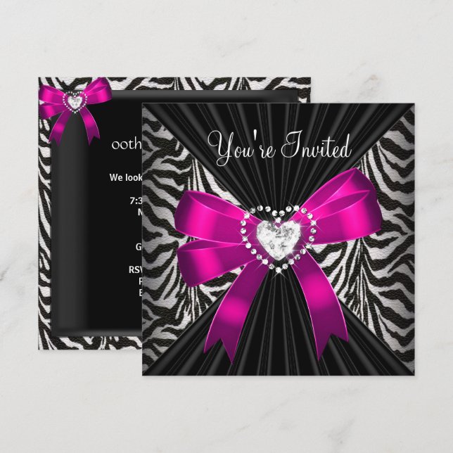 Pink Zebra Stripe Black Birthday Party Image Invitation (Front/Back)