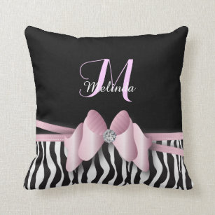 Pink Zebra Striped Bowed   Personalize Throw Pillow