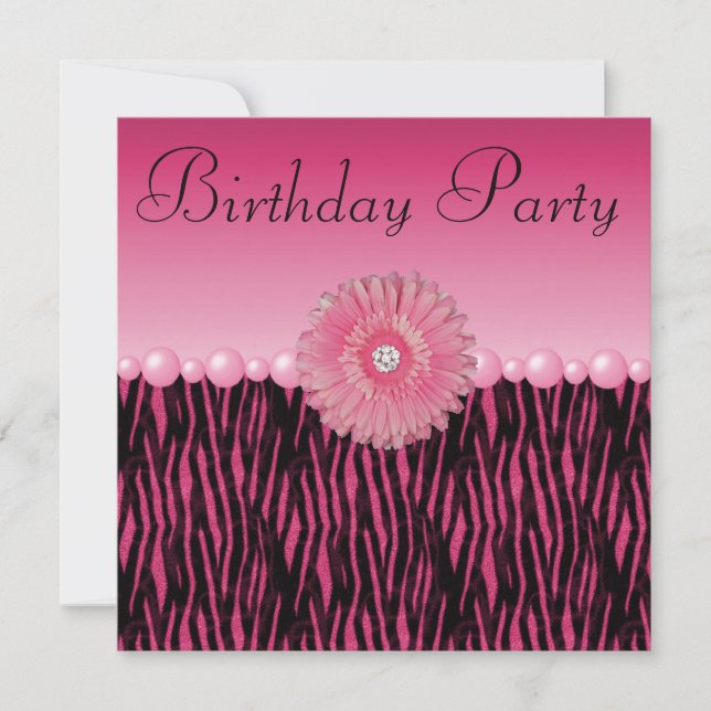 Pink Zebra Stripes Flower & Pearls Birthday Party Invitation (Front)